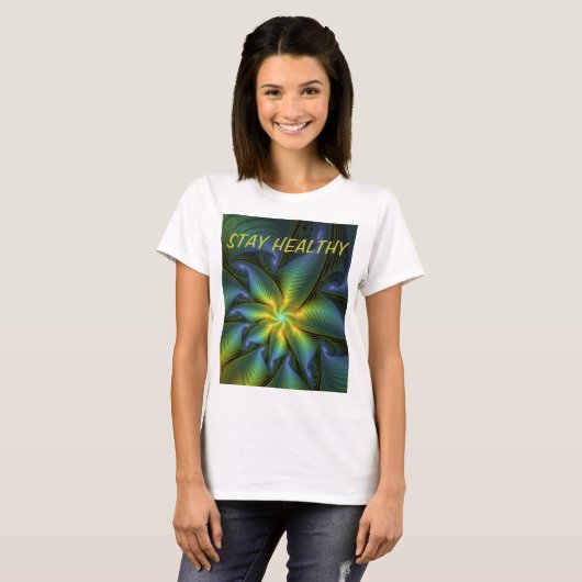 抽象芸術スターシャイニーブルーグリーンゴールデンフラクタル文字 Tシャツ (正面フル)