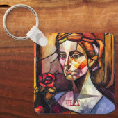 抽象芸術ステンドグラス女性ポートレート付バラ キーホルダー (正面)