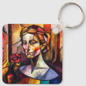 抽象芸術ステンドグラス女性ポートレート付バラ キーホルダー (裏面)