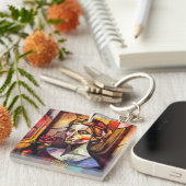 抽象芸術ステンドグラス女性ポートレート付バラ キーホルダー (正面右)