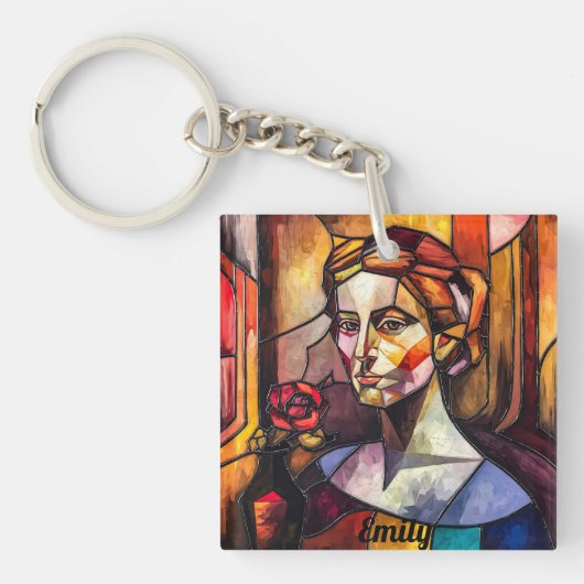 抽象芸術ステンドグラス女性ポートレート付バラ キーホルダー (正面)