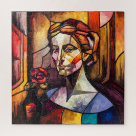 抽象芸術ステンドグラス女性ポートレート付バラ ジグソーパズル