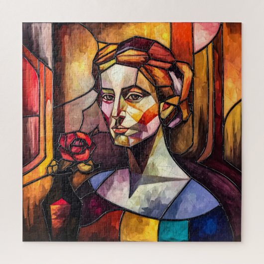 抽象芸術ステンドグラス女性ポートレート付バラ ジグソーパズル (縦)