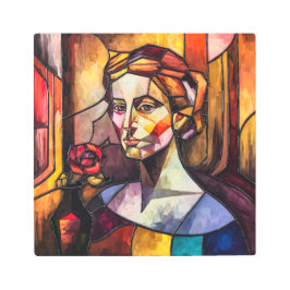 抽象芸術ステンドグラス女性ポートレート付バラ メタルプリント