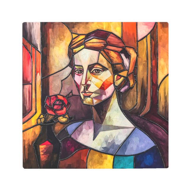 抽象芸術ステンドグラス女性ポートレート付バラ メタルプリント (正面)