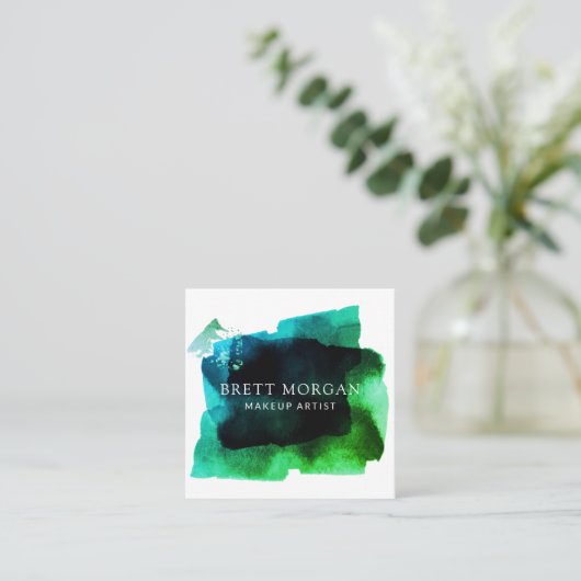 抽象芸術スモーキーブルーグリーンブラックメイクアップアーティスト スクエア名刺 (スタンド正面)