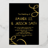 抽象芸術スワーズ黒と金ゴールド結婚ズ 箔招待状 (正面)