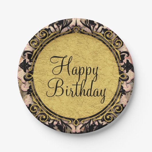 抽象芸術スワールピンクブラック&金ゴールドグラムグランジパーティー ペーパープレート (正面)