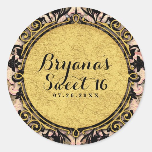 抽象芸術スワールピンクブラック&金ゴールドグラムパーティーの好意 ラウンドシール (正面)