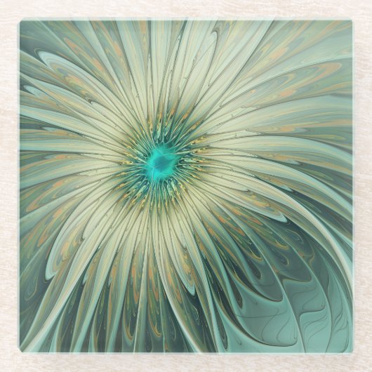 抽象芸術セージ緑ファンタジーフラワーフラクタルアート ガラスコースター (正面)