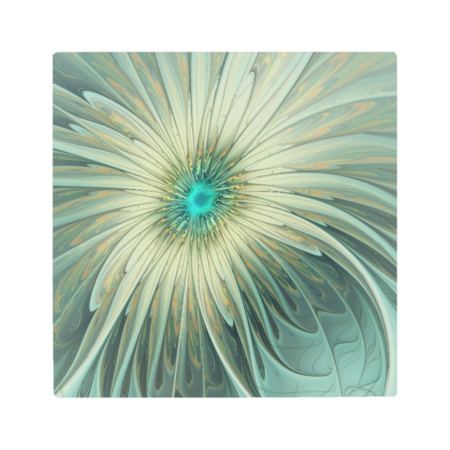 抽象芸術セージ緑ファンタジーフラワーフラクタルアート メタルプリント (正面)