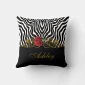 抽象芸術ゼブラフラワーレッド白黒金ゴールド         クッション (裏面)