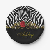 抽象芸術ゼブラフラワーレッド白黒金ゴールド         ペーパープレート (正面)