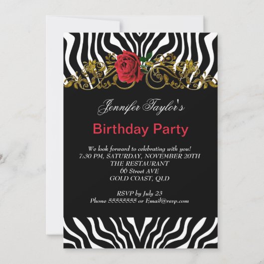 抽象芸術ゼブラフラワーレッド白黒金ゴールド 招待状 (裏面)