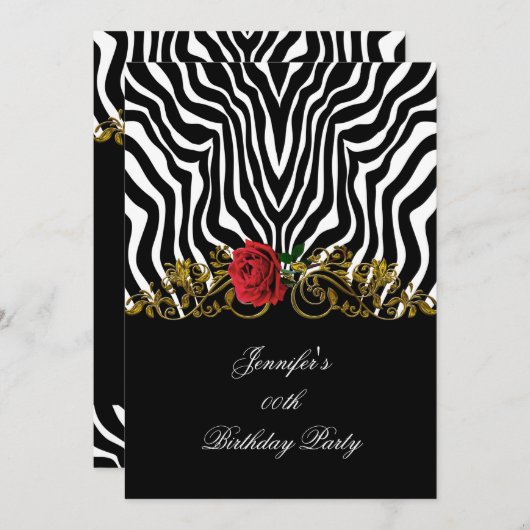 抽象芸術ゼブラフラワーレッド白黒金ゴールド 招待状 (正面/裏面)