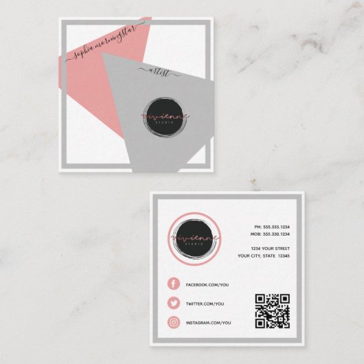 抽象芸術ソーシャルメディア幾何学模様ピンクとグレー スクエア名刺 (正面/裏面)