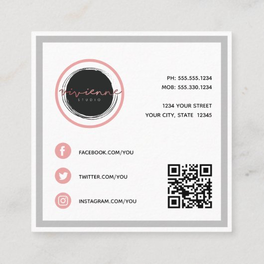 抽象芸術ソーシャルメディア幾何学模様ピンクとグレー スクエア名刺 (裏面)