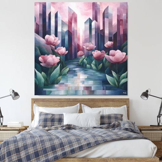 抽象芸術タワー付きアーバンガーデン&ピンク キャンバスプリント (インサイチュ (寝室))