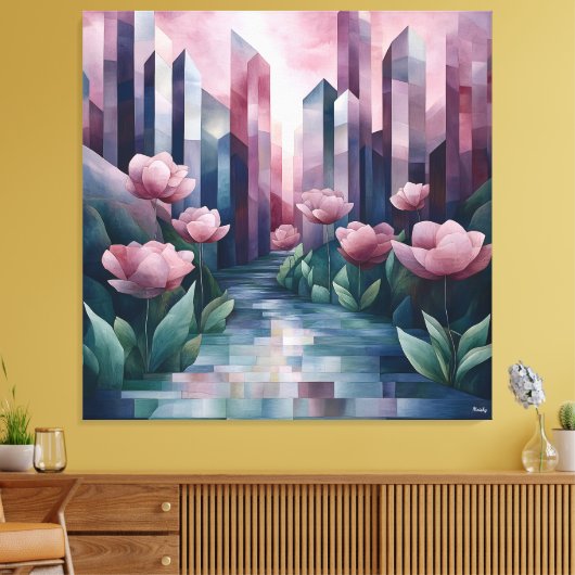 抽象芸術タワー付きアーバンガーデン&ピンク キャンバスプリント (インサイチュ (リビング))
