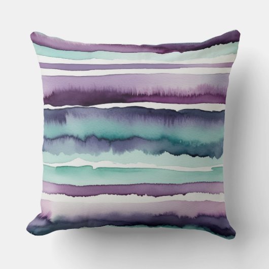 抽象芸術ターコイズと紫色の水彩ストライプ色 クッション (正面)