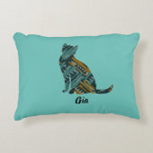 抽象芸術ターコイズと金ゴールド猫 アクセントクッション (正面)