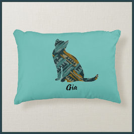 抽象芸術ターコイズと金ゴールド猫 アクセントクッション