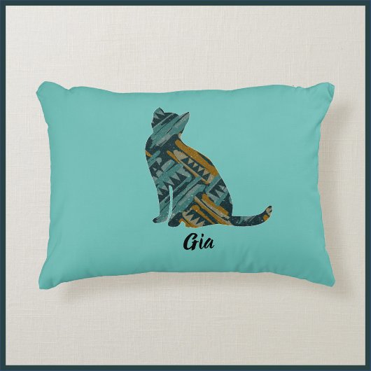 抽象芸術ターコイズと金ゴールド猫 アクセントクッション