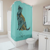 抽象芸術ターコイズと金ゴールド猫 シャワーカーテン (インサイチュ)