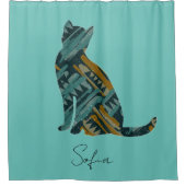 抽象芸術ターコイズと金ゴールド猫 シャワーカーテン (正面)