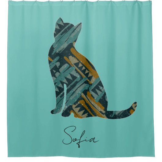 抽象芸術ターコイズと金ゴールド猫 シャワーカーテン (正面)