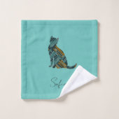 抽象芸術ターコイズと金ゴールド猫 バスタオルセット (ウォッシュタオル)