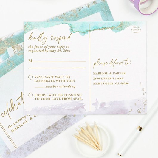 抽象芸術ターコイズラベンダモダンー金ゴールドアートRSVP ポストカード