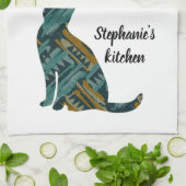 抽象芸術ターコイズ及び金ゴールド猫好き キッチンタオル (折り畳み)