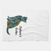 抽象芸術ターコイズ及び金ゴールド猫好き キッチンタオル (横)