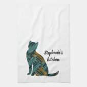 抽象芸術ターコイズ及び金ゴールド猫好き キッチンタオル (縦)