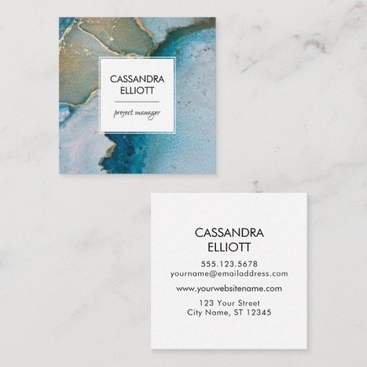 抽象芸術ターコイズ&金ゴールドアルコールインクリキッドアート スクエア名刺 (正面/裏面)