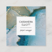 抽象芸術ターコイズ&金ゴールドアルコールインクリキッドアート スクエア名刺 (正面)