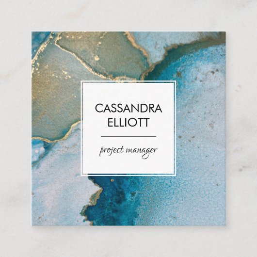 抽象芸術ターコイズ&金ゴールドアルコールインクリキッドアート スクエア名刺 (正面)