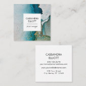 抽象芸術ターコイズ&金ゴールドアルコールインクリキッドアート スクエア名刺 (正面/裏面)