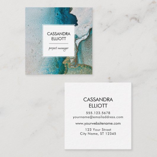 抽象芸術ターコイズ&金ゴールドアルコールインクリキッドアート スクエア名刺 (正面/裏面)