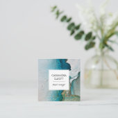 抽象芸術ターコイズ&金ゴールドアルコールインクリキッドアート スクエア名刺 (スタンド正面)