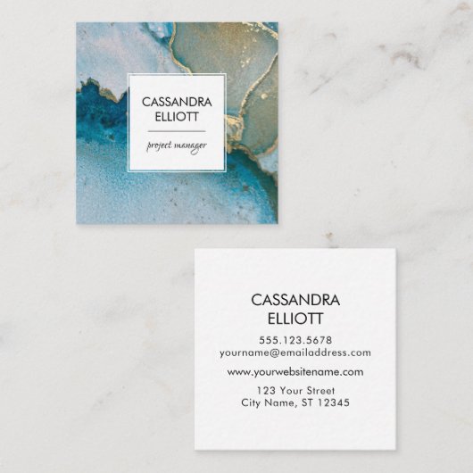 抽象芸術ターコイズ&金ゴールドアルコールインク液体アート スクエア名刺 (正面/裏面)