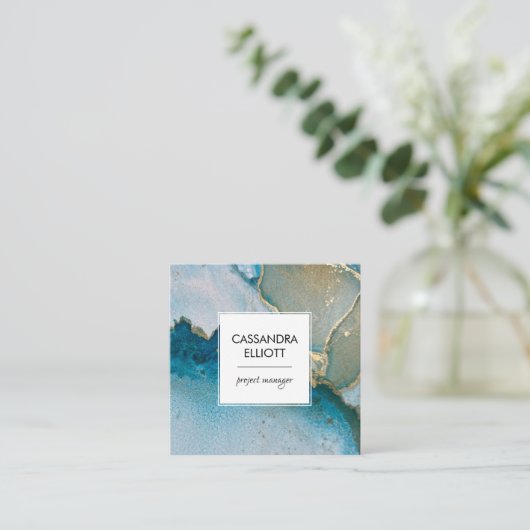 抽象芸術ターコイズ&金ゴールドアルコールインク液体アート スクエア名刺 (スタンド正面)