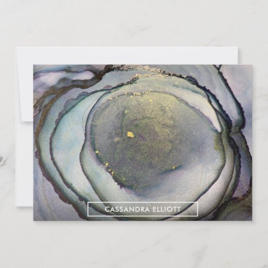 抽象芸術ダスティブルー&金ゴールドアルコールインクリキッドアート サンキューカード (正面)