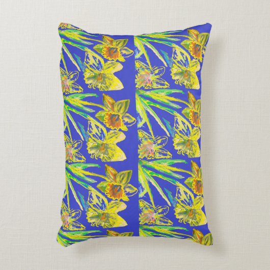 抽象芸術ダッフォディルイエローブルーフラワーズフローラアート アクセントクッション (正面(垂直))