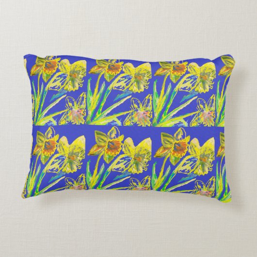 抽象芸術ダッフォディルイエローブルーフラワーズフローラアート アクセントクッション (裏面)