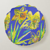 抽象芸術ダッフォディルイエローブルーフラワーズフローラアート ラウンドクッション (裏面)