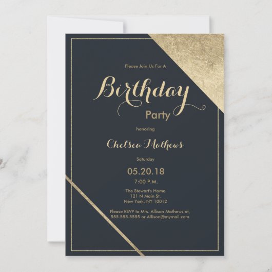 抽象芸術ダークブルー金ゴールド幾何学誕生日パーティー 招待状 (正面)