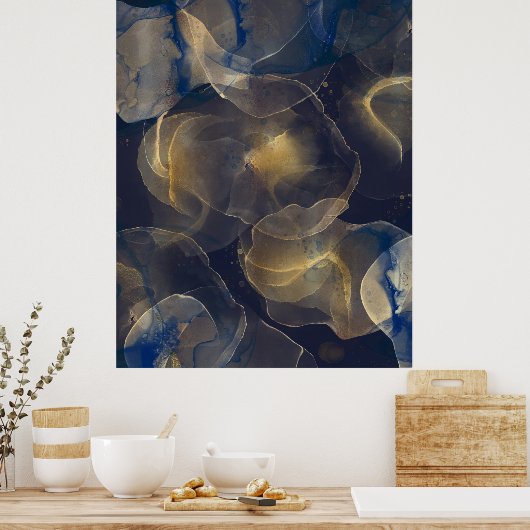 抽象芸術ダークブルー金ゴールド流体アー絵画ト ポスター (キッチン)