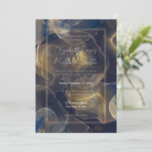 抽象芸術ダークブルー金ゴールド流体アー絵画ト 招待状 (スタンド正面)